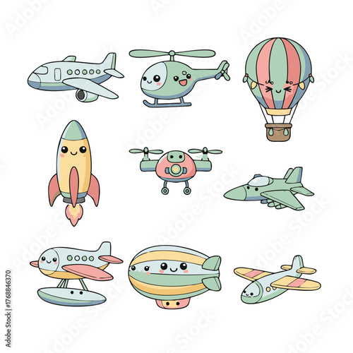 Vector collection of adorable smiling air transport vehicles. Cute cartoon set with airplane, rocket, drone, and blimp for children's design