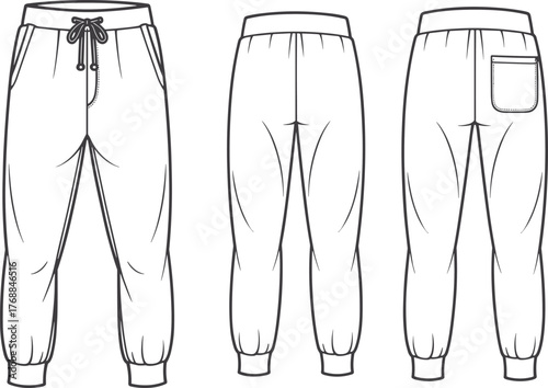 Technical fashion illustration jogger pants front back side view, apparel design template, garment sketch, sportswear trousers, elastic waistband drawstring, cuffed ankle