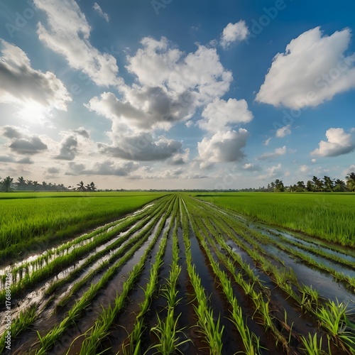 Countryside Paddy Field with Green Rice Plants and Clear Blue Sky — Sustainable Agriculture Theme Photo