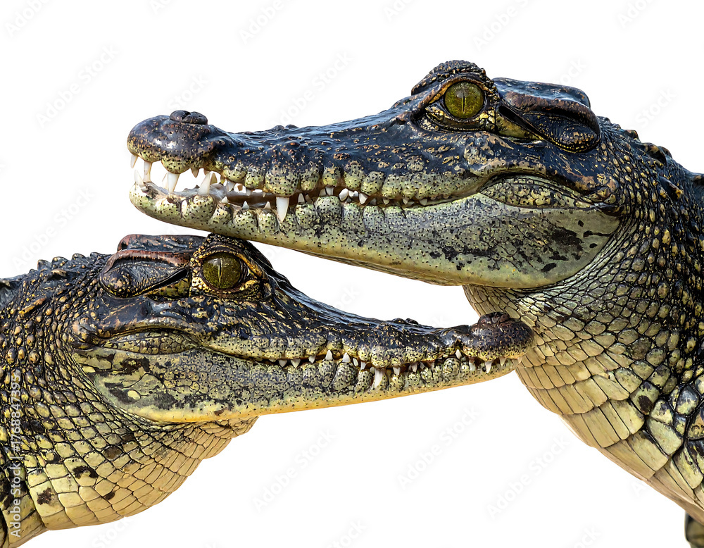 Obraz premium Crocodilian pair intimately intertwined, showcasing their textured skin and piercing golden eyes against black background