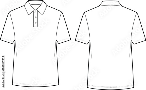Polo shirt technical sketch, fashion flat drawing, short sleeve garment, front and back view, apparel design, vector template, clothing illustration