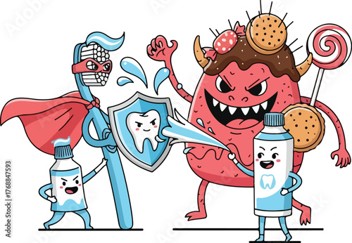 Enchanting cartoon battle of dental health heroes versus a candy monster, perfect for educational materials and children's health campaigns