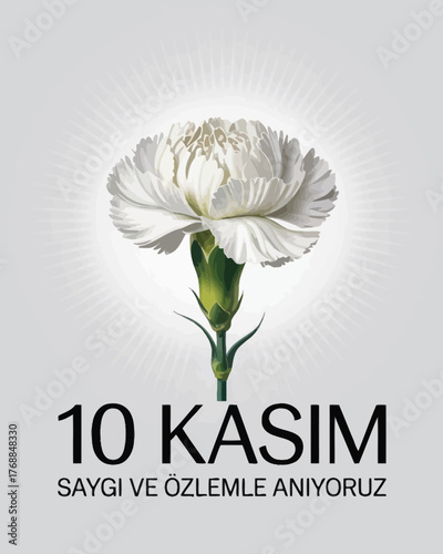 10 Kasım Commemoration with White Carnation Flower and Text