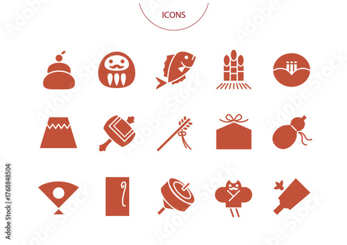 正月 縁起物　アイコン ピクトグラム　ベクター イラスト　セット