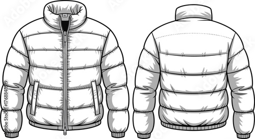 Puffer jacket, technical sketch, fashion design, quilted coat, winter wear, garment blueprint, outerwear illustration, zipper detail, insulated apparel, stylish silhouette