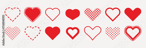 Collection of red and white heart icons. Various heart designs include solid, outlined, and patterned hearts. Perfect for Valentine's Day and romantic themes. Valentine's Day elements, vector set.