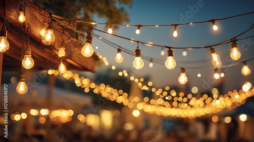 Rows of illuminated incandescent bulbs create a warm glow across an outdoor evening setting