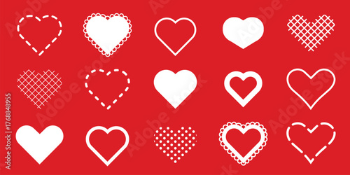Various white heart icons on a red background. Heart shapes include solid, dotted, and lace patterns. Heart icons are diverse in style and design. Valentine's Day elements, vector set.