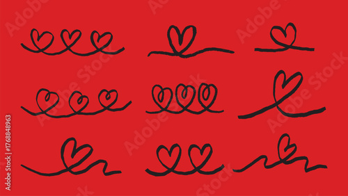 Red background with black heart doodles. Nine heart designs, each unique. Heart doodles in various styles. Simple heart doodles on red. Cute hand drawn Valentine's Day vector set.