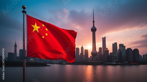 Stunning Shanghai skyline at sunset with vibrant Chinese flag waving in the foreground, evoking a sense of pride and modern prosperity, perfect for travel