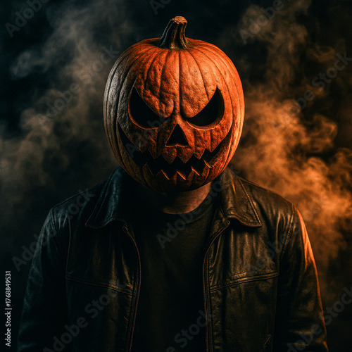 Surreal Halloween Concept Featuring Man with Pumpkin Head