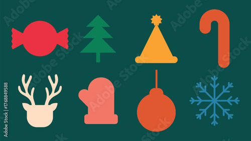 Flat vector style Christmas icons. Flat vector style includes candy, tree, hat, cane, reindeer, mitten, ornament, and snowflake. Fun and colorful flat icon, festive holiday and Christmas element set.
