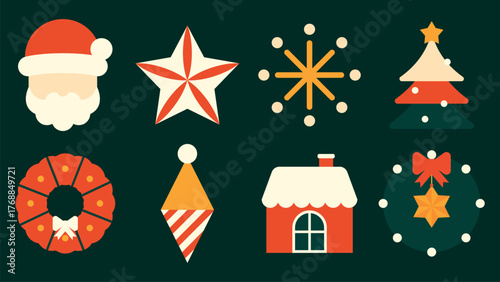 Flat vector style Christmas icons with bold colors. Vector style includes Santa, star, snowflake, tree, wreath, and house. Cute holiday and Christmas icons, including festive vector elements.