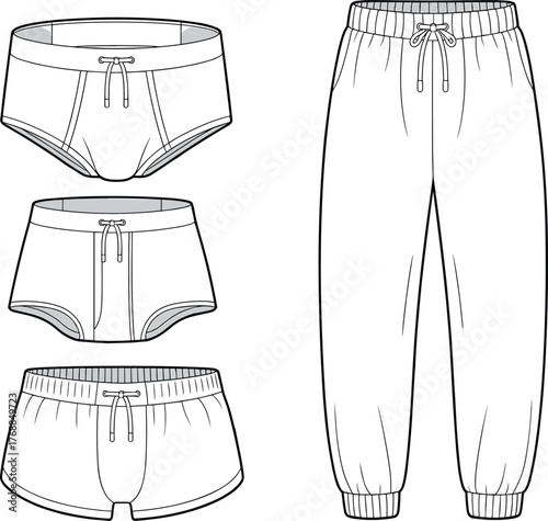 Men’s underwear and jogger pants vector, briefs boyshorts boxer fashion flat sketch, CAD garment template, apparel design illustration, stock clothing