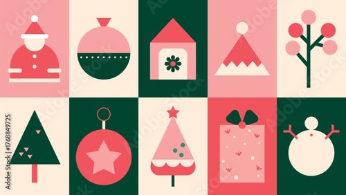 Retro vector style with pink, green, and cream colors. Christmas-themed vector icons, including trees, ornaments, and gifts in retro style. Pastel pink flat illustration festive Christmas element set.