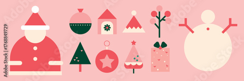 Flat vector Christmas icons in red and pink. Flat style vector includes Santa, trees, and gifts. Simple and festive concept. Pastel pink flat graphic illustration festive Christmas element set.