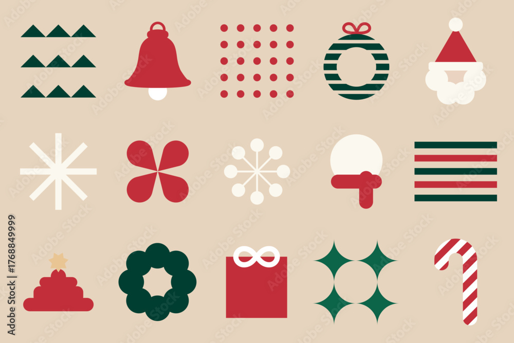 Obraz premium Minimalist vector set with Christmas icons in red, green, and white. Simple vector style with geometric shapes and festive concept. Aesthetic flat graphic illustration festive holiday element set.