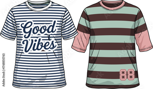 Striped t-shirts, casual fashion, retro style, sporty design, good vibes slogan, summer outfit, trendy apparel, youth clothing, colorful sleeves, streetwear