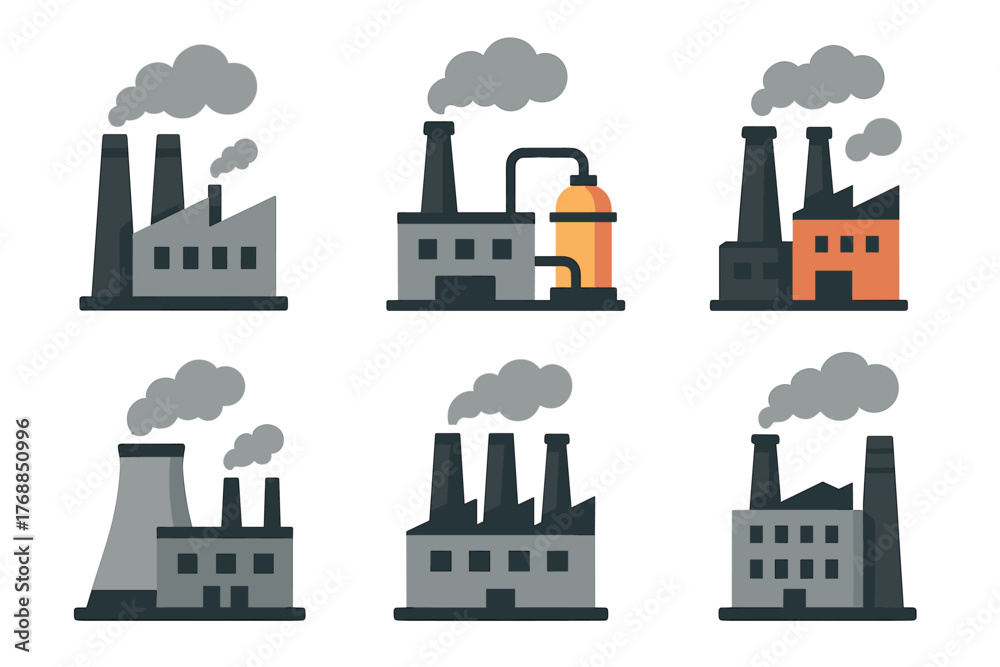 Obraz premium Various stylized industrial factory icons with smoking chimneys, representing different types of manufacturing facilities.