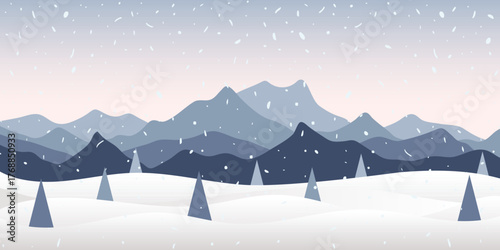 Minimalistic winter landscape, snowy peaks and snowdrifts and snowfall, cartoon nature, vector illustration