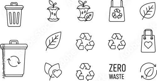 Minimalist Line Art Ecology Icons: Recycling, Waste, and Zero Waste Symbols