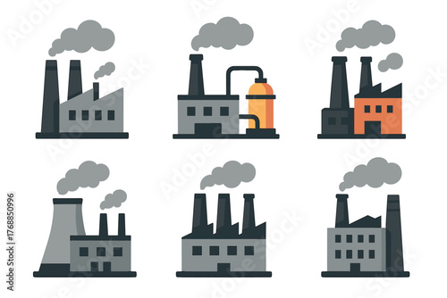 Various stylized industrial factory icons with smoking chimneys, representing different types of manufacturing facilities.