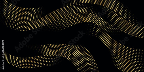 Black abstract background with golden dotted wavy lines decoration. Modern and trendy sporty curved lines background concept for covers, advertisements, brochures, presentations, and websites.