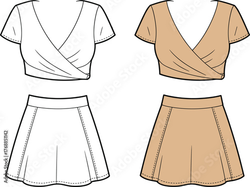 Women outfit fashion template, wrap style top, short sleeve blouse, high waist skirt, seam detail design, flat sketch, CAD garment drawing, vector illustration