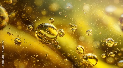 Close-up macro of olive oil texture with reflections and bubbles, 8K ultra detail, soft light, copy space, abstract background. 