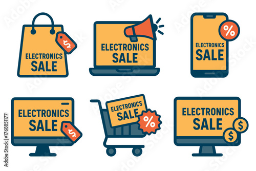 Various electronic devices and shopping icons highlighting an electronics sale, featuring laptops, smartphones, and shopping carts with sale tags and percentage symbols.