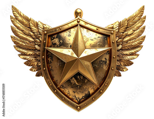 Golden shield with central star, flanked by ornate wings, evokes honor and achievement on a black background
