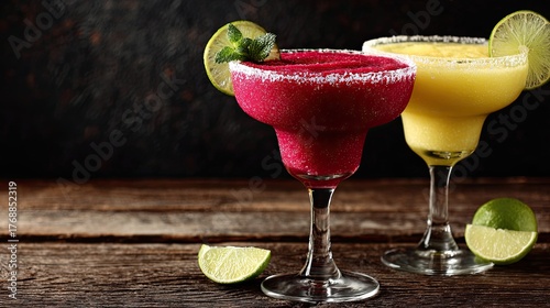 Two vibrant frozen margaritas sit on a rustic wooden table.