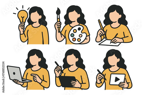 Women with long hair demonstrating various creative activities and tools, including a lightbulb, paintbrush, palette, paper, laptop, tablet, and play button.