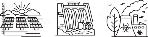 Monochrome Line Art Energy Sources and Environmental Impact Icons
