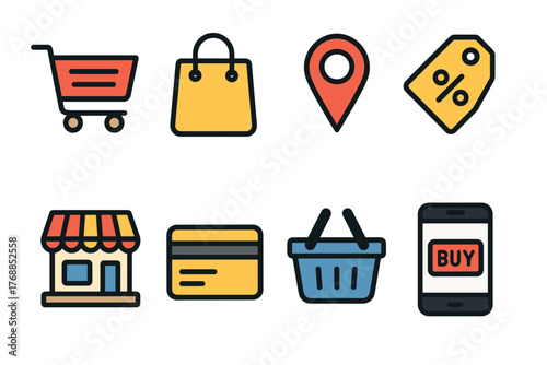 Colorful outline icons depicting shopping concepts, including a cart, bag, location pin, price tag, store, credit card, basket, and smartphone with a buy button.