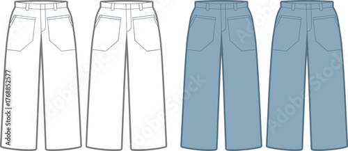 Back view pants template, straight leg trousers, denim jeans design, pocket detail sketch, flat fashion drawing, CAD garment, vector illustration