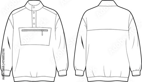 Technical fashion sketch, pullover design, long sleeve garment, front and back view, zipper pocket, button placket, ribbed cuffs, collar