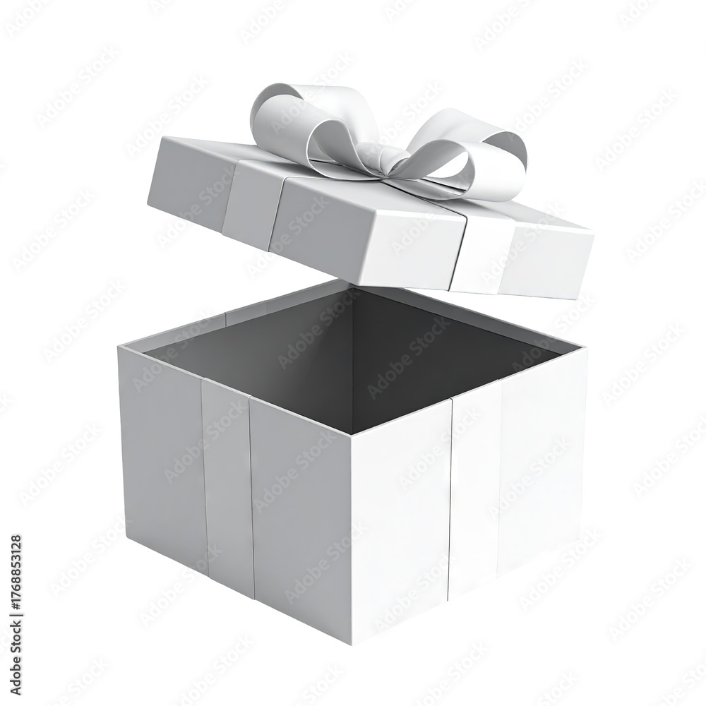 Naklejka premium Open gift box, white, with a bow, on a black background