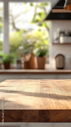 Rustic Wooden Tabletop, Sunlit Kitchen Interior, Blurred Greenery Background, Neutral Tones