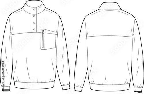 Technical flat sketch, sweatshirt design, pullover illustration, fashion drawing, garment template, apparel mockup, ribbed cuffs, zipper pocket, high collar, menswear