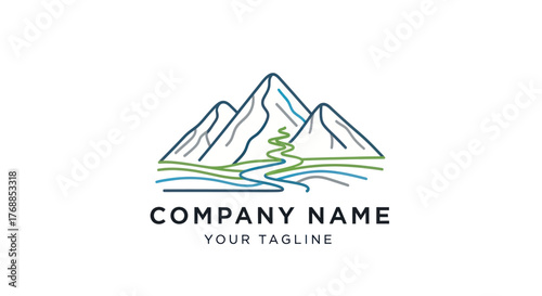 Mountain range logo design with river and company name for outdoor business.