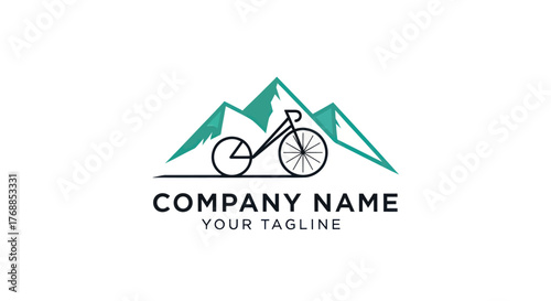 Mountain Biking Adventure Logo with Peaks and Bicycle Silhouette.