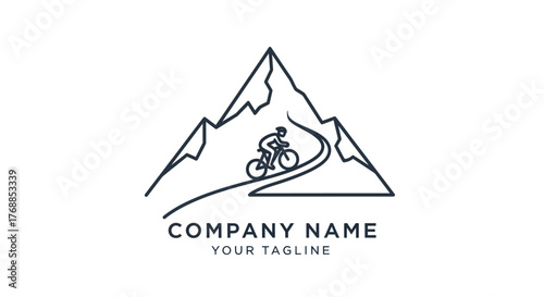 Minimalist line art logo of a mountain biker on a trail.