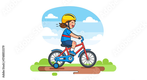 Cheerful Child Riding a Red Bicycle with Training Wheels Smiling Happily.
