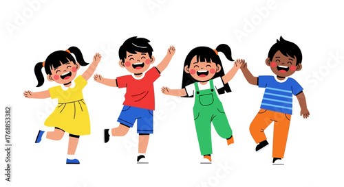 Cheerful Cartoon Children Diverse Group Jumping and Celebrating Together.
