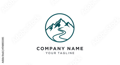 Mountain Road Logo Design with Winding Path and Peaks.