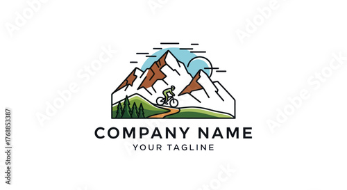 Mountain Biking Adventure Logo Depicting Cyclist on Trail Amidst Peaks.