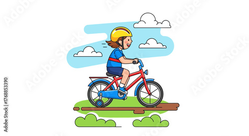 Cheerful Child Riding a Red Bicycle with Yellow Helmet and Blue Accents.