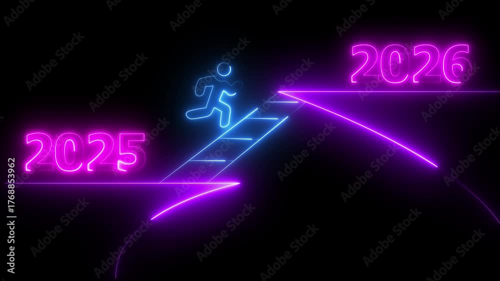 Progress From 2025 to 2026 New Year Concept, Year change concept New Year concept countdown on background happy new year 2026 neon text 4k video animation....