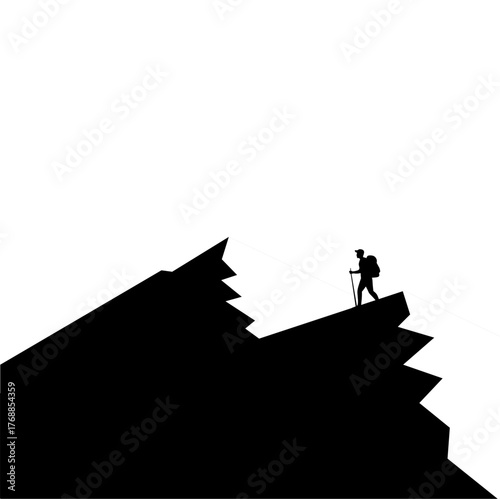Silhouette of a hiker standing on a cliff, symbolizing determination, personal growth, success, and achievement after overcoming obstacles in life or business journey